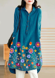 Jade Blue-flower Linen Women Casual Linen Shirt Dress