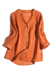 Grace Orange V Neck Button Linen Shirt Bracelet Sleeve