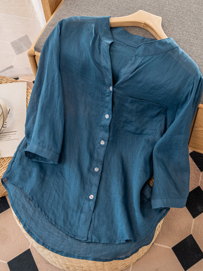 Plain 3/4 Sleeve V Neck Loosen Ramie Shirt