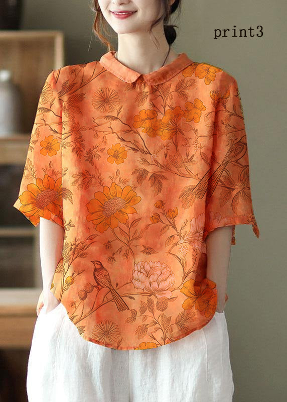 DIY Orange Print4  Ramie Half Sleeve Shirt Summer