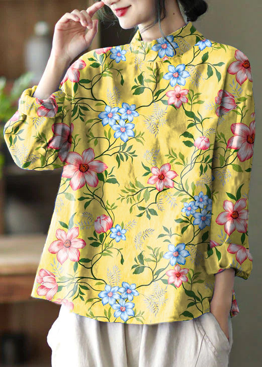 Stylish Yellow flower Embroidered retro Linen Blouse Tops Spring