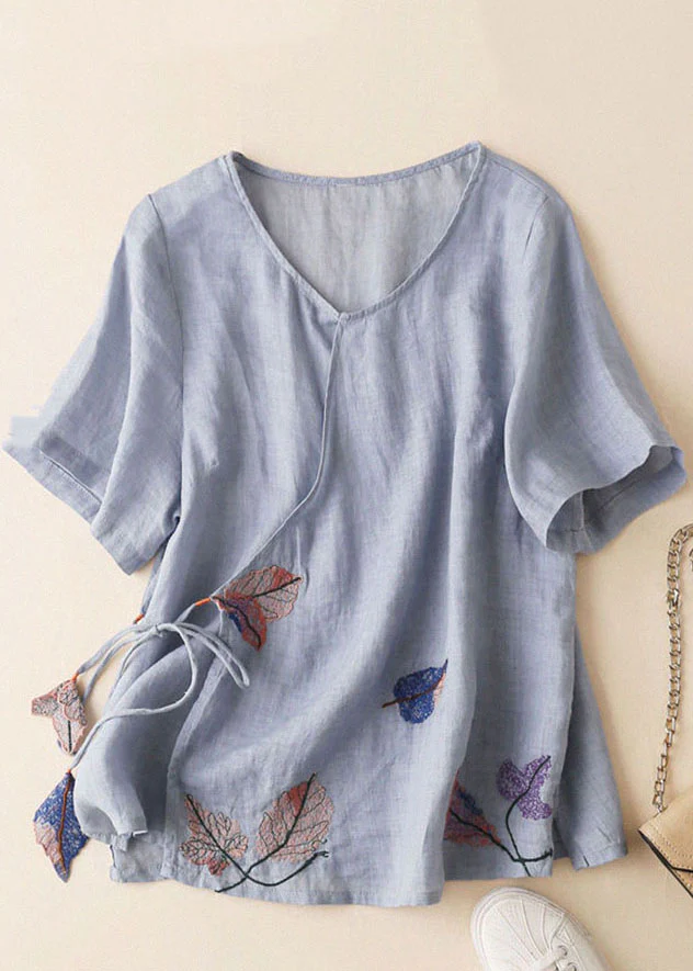 Grace Light Blue V Neck Embroideried Tie Waist Cotton Linen Top Short Sleeve