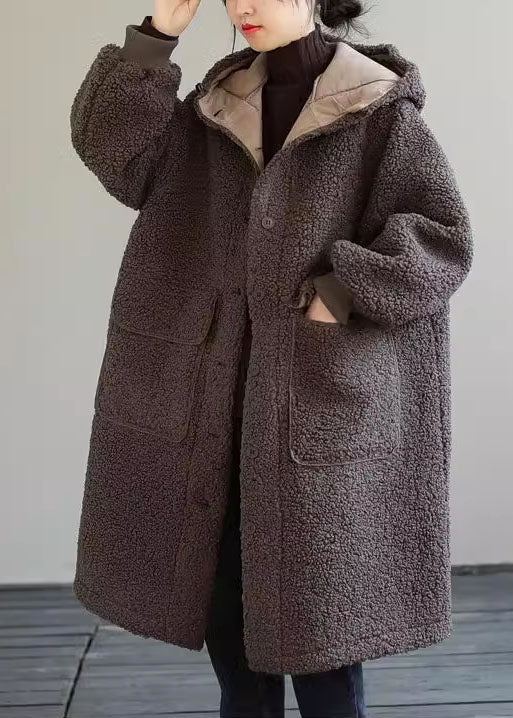 Women Coffee Hooded Button Faux Fur Winter Coat