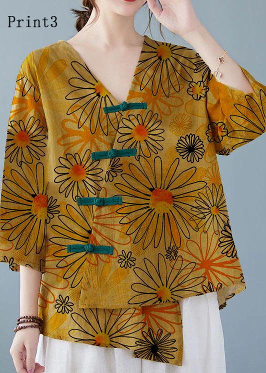 Yellow-Print3 Button Shirt Tops Asymmetrical Half Sleeve