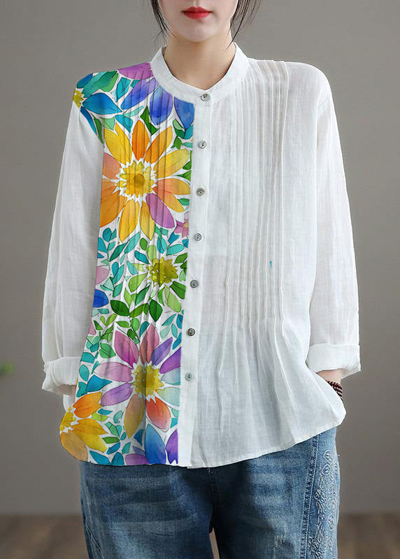 Organic White-flower Linen Shirt Tunics Women Ramie Blouse