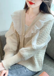 Fitted Beige Ruffled Button Patchwork Fall Knit Coat