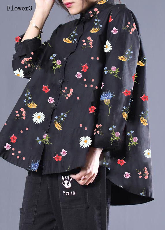 DIY Patchwork Shirts Black Flower1 Blouses