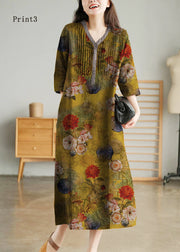 Print5 Loose Linen Long Dresses Button Solid Half Sleeve