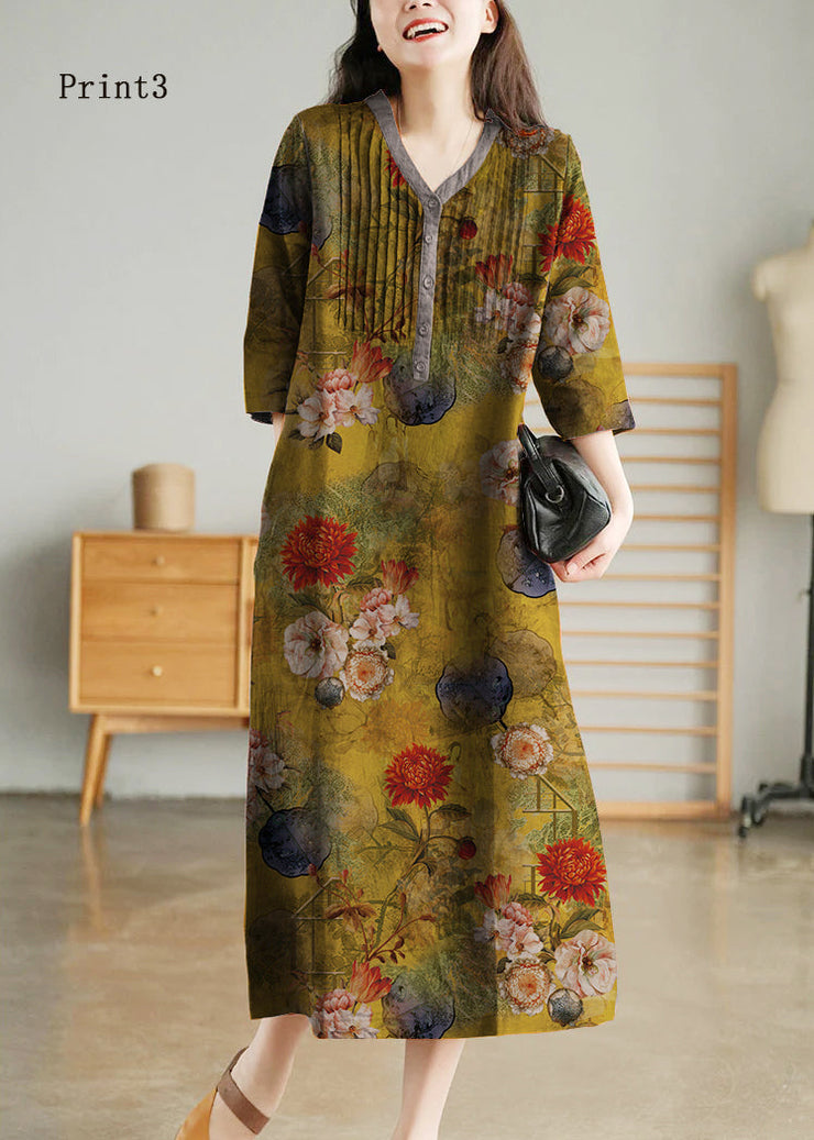 Print5 Loose Linen Long Dresses Button Solid Half Sleeve