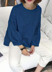 French  Blue Plaid Cotton Women Fine Sewing Asymmetric Plus Size Clothing Blouse