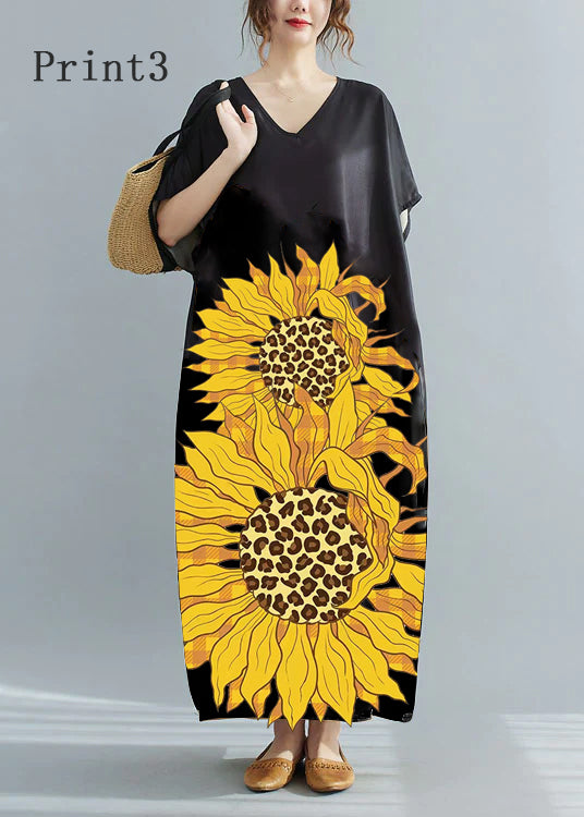 Loose Black-print4 V Neck Oversized Leaf Print Chiffon Long Dress Short Sleeve