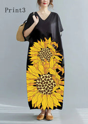 Loose Black-print3 V Neck Oversized Leaf Print Chiffon Long Dress Short Sleeve