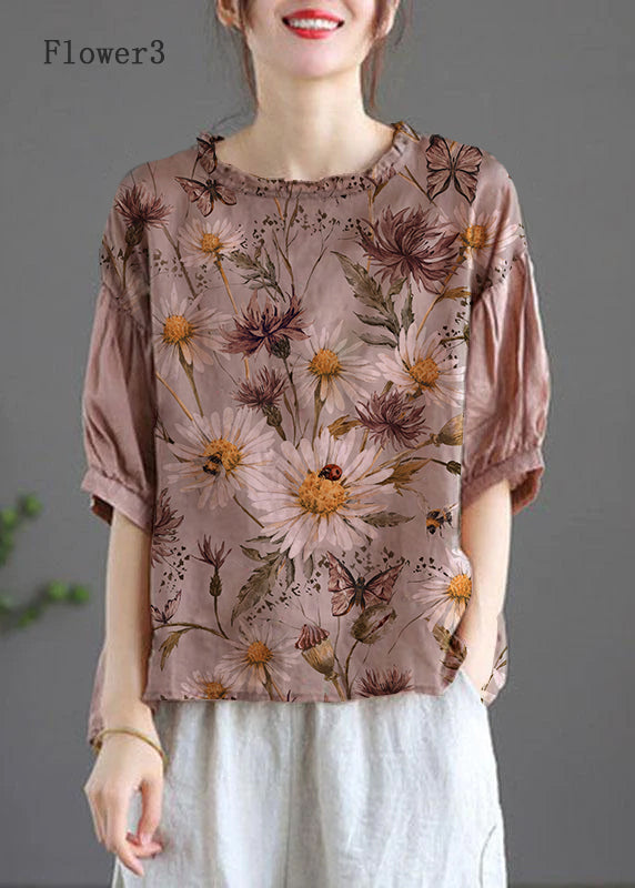 Modern Pink-Flower4 Regular Embroideried Summer Floral Half Sleeve