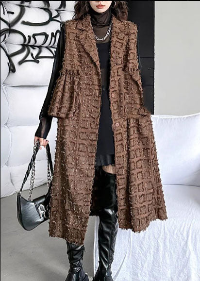 Stylish Brown Peter Pan Collar Pockets Cotton Long Vest Sleeveless