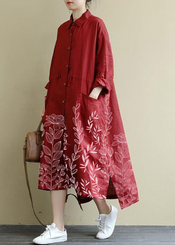 red flower Linen Shirt Dress Casual Oversize Spring Maxi Dresses