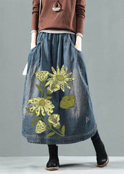 Blue-Colorful flowers Pockets Retro Patchwork Summer Skirts Denim