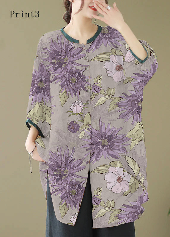 Print1 Linen Shirt Dresses O-Neck Oversized Lantern Sleeve