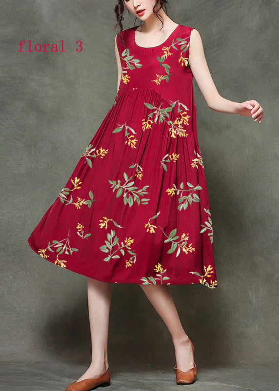 Casual Wine Red-floral patchwork1 O-Neck Wrinkled Long Dresses Sleeveless