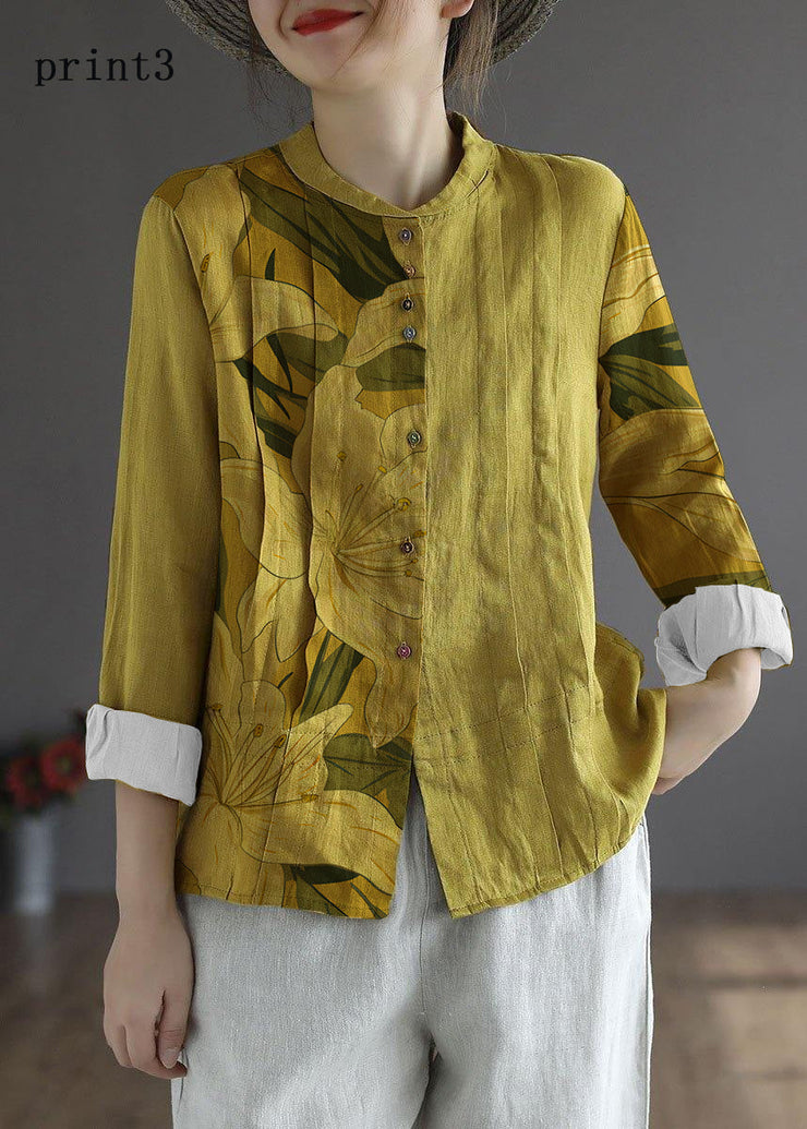 Women Yellow-floral3 Elegant Button Fall Top Long Sleeve Linen