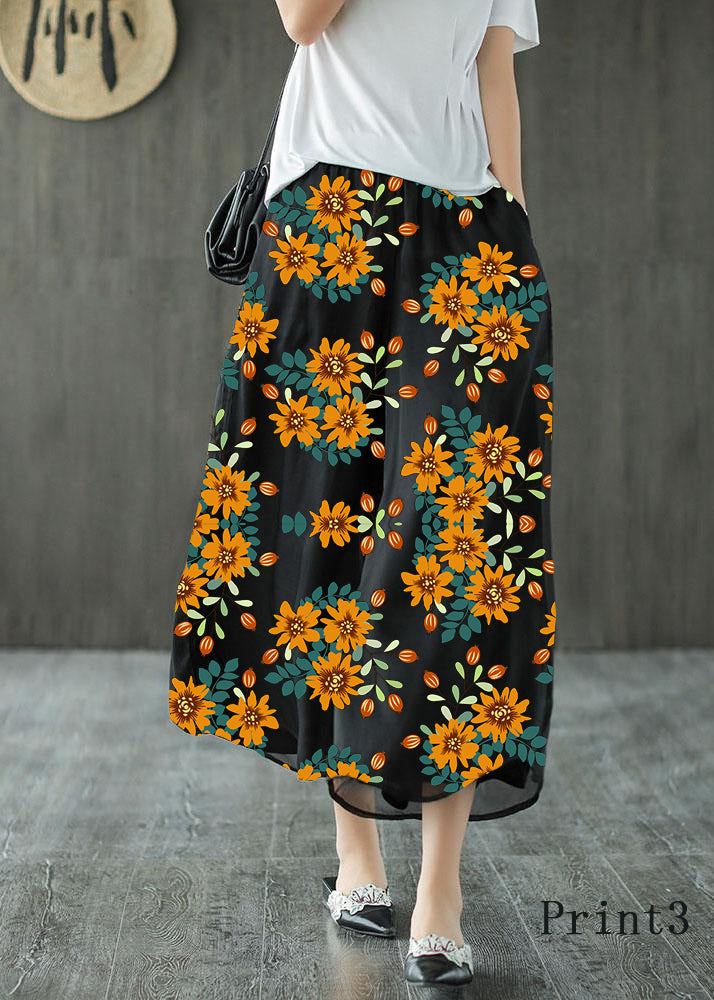 Handmade Black-Print2 Elastic Waist Retro Wide Leg Crop Pants