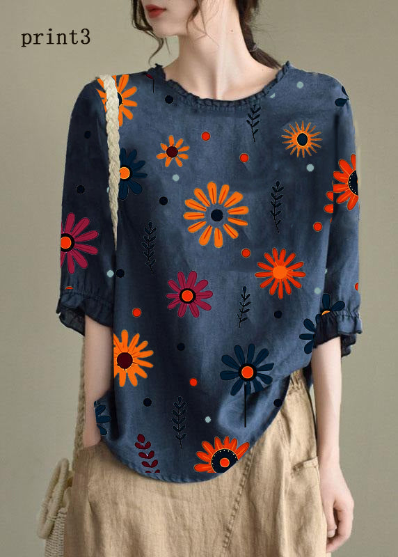 Handmade Navy-print6  lantern Sleeve O-Neck Embroideried Summer Ramie Blouses