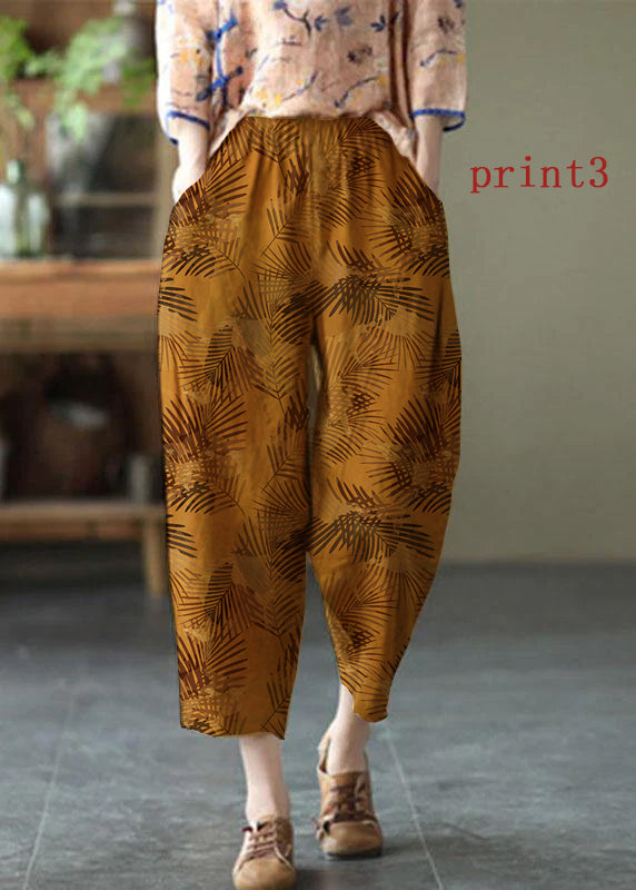 Natural Yellow- flower Elastic Waist Summer Linen Harem Pants