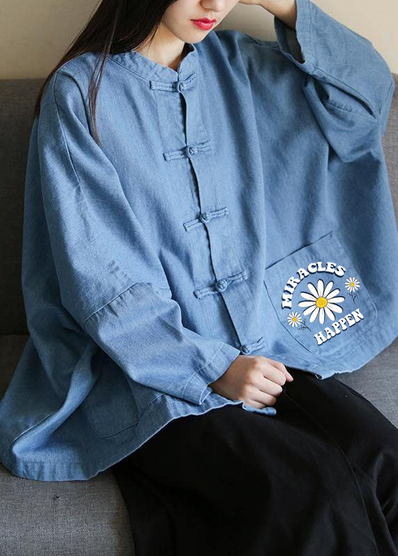 Loose stand collar Chinese Button clothes For Women Sleeve denim light blue-little flower shirts