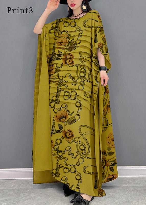 Bohemian Green-print2  O-Neck Striped Chiffon Ankle Dress Batwing Sleeve