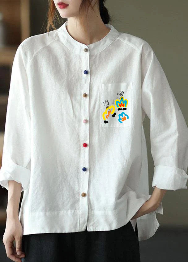 Modern White-yellow flower Loose Patchwork Pockets Fall Long Sleeve Blouse Top