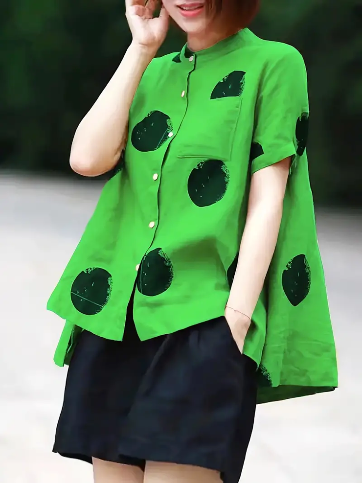 Green dot Print Patchwork Linen Top Button Stand Collar Summer