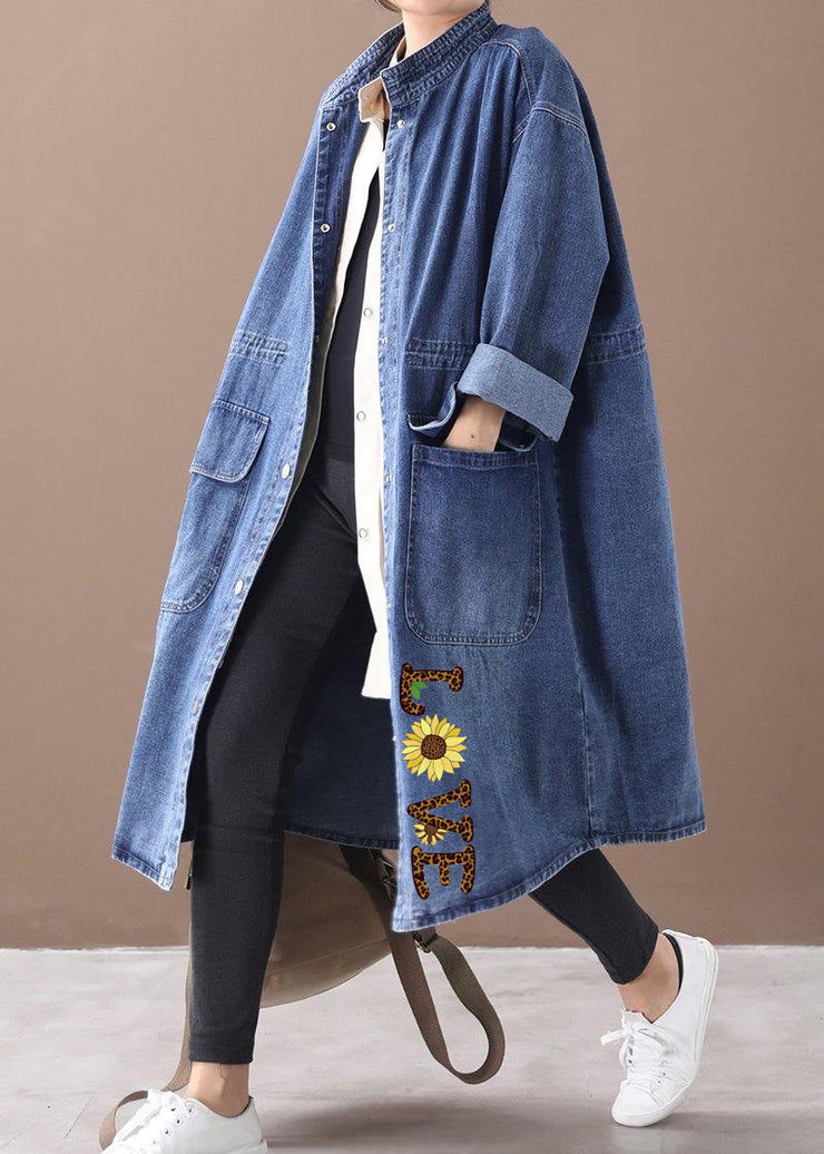 French denim blue-sunflower Plus Size box coat Shape stand collar drawstring coat