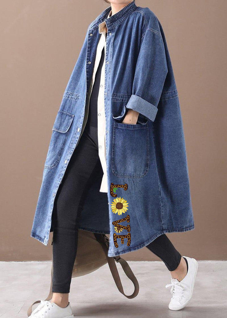 French denim blue Plus Size box coat Shape stand collar drawstring coat