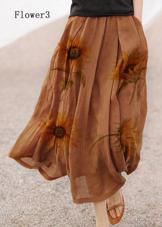 Retro Chocolate-Flower4 Print Pockets Linen Skirt Summer