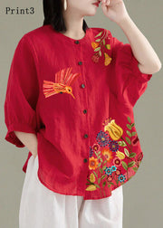 Art Red-print3 O-Neck Button Linen Loose Shirt Top Lantern Sleeve