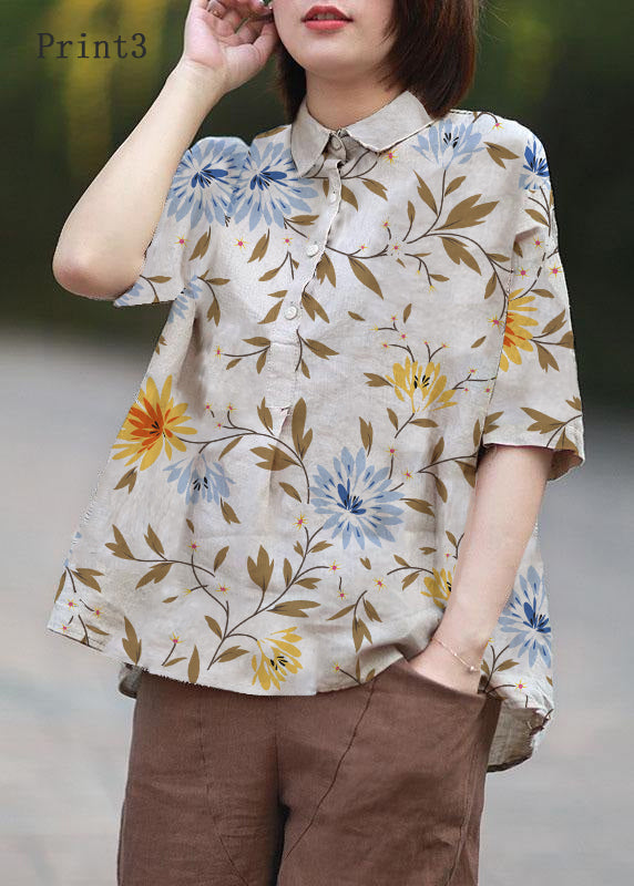 Vintage Beige Peter Pan Collar Print Summer Linen Blouses Half Sleeve