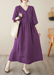 Chic purple V Neck Plaid Patchwork Button Linen Maxi Dresses Summer
