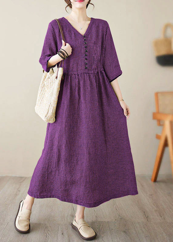 Chic purple V Neck Plaid Patchwork Button Linen Maxi Dresses Summer