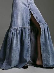 Casual Plain Spliced Pleated Slit Hem Denim Skirt