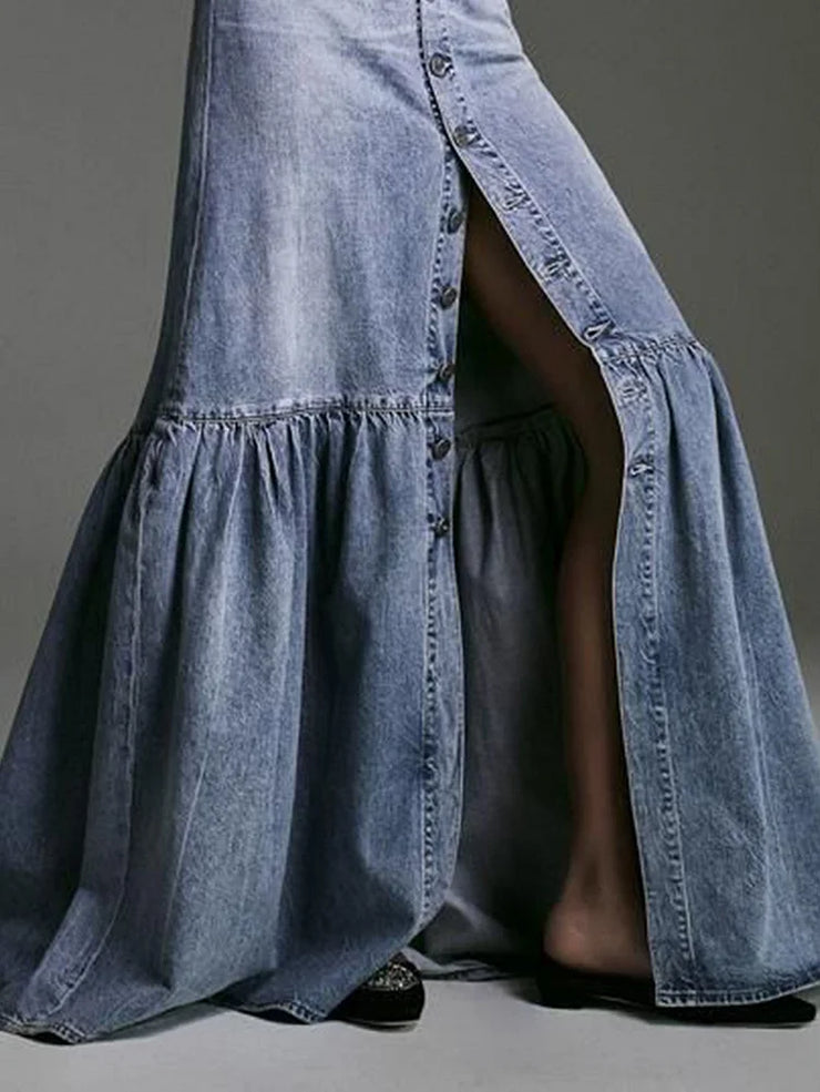Casual Plain Spliced Pleated Slit Hem Denim Skirt