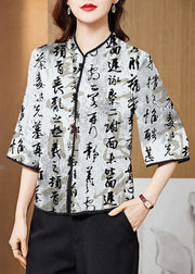 Vintage white text Mandarin Collar Print Silk Shirt Tops Half Sleeve