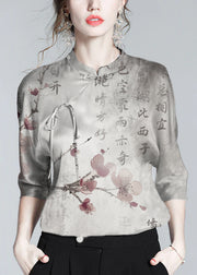 Elegant Silk Stand Collar Oriental Satin Shirt Top Half Sleeve Blouse