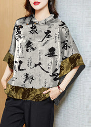 Vintage White text Mandarin Collar Asymmetrical Patchwork Jacquard Silk Shirts Batwing Sleeve