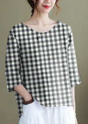 DIY Black plaid Embroidered side open Half Sleeve Top