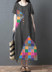 Loose Black grid O-Neck Patchwork Pockets Summer Holiday Dress Short Sleeve