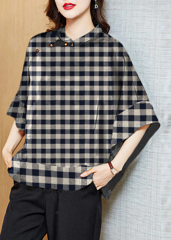 Vintage Black plaid Mandarin Collar Asymmetrical Patchwork Jacquard Silk Shirts Batwing Sleeve