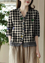 Casual Black plaid V Neck Embroidered Solid Ramie Shirt Half Sleeve