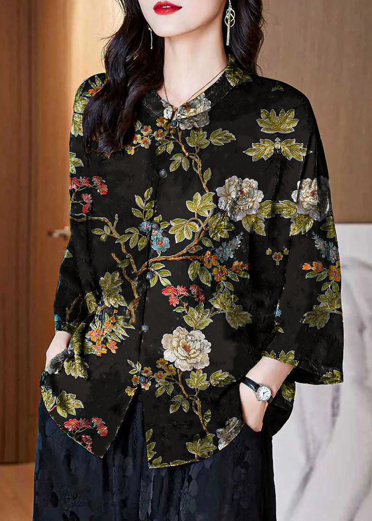 Women Black-floral Stand Collar Button Print Patchwork Silk Blouse Top Summer