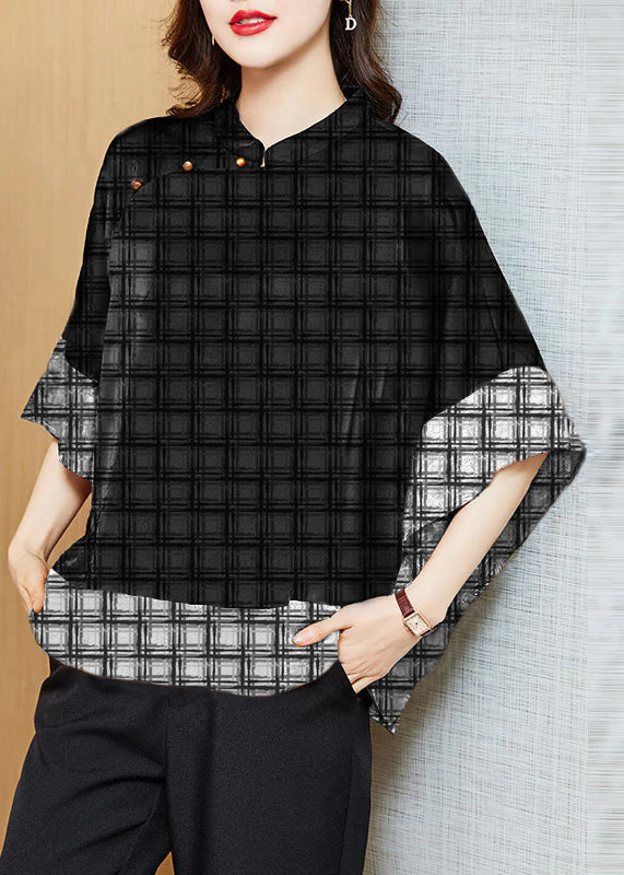 Vintage Black plaid Mandarin Collar Asymmetrical Patchwork Jacquard Silk Shirts Batwing Sleeve