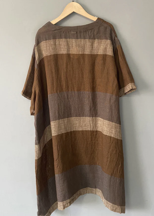 Coffee Striped Linen Mid Dress V Neck Short Sleeve