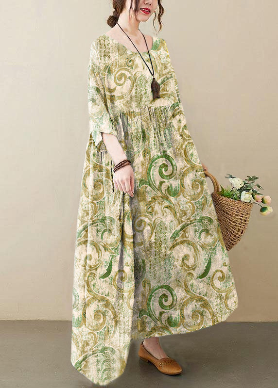 Elegant Green bamboo O-Neck Patchwork Print Half Sleeve Summer Long Dress